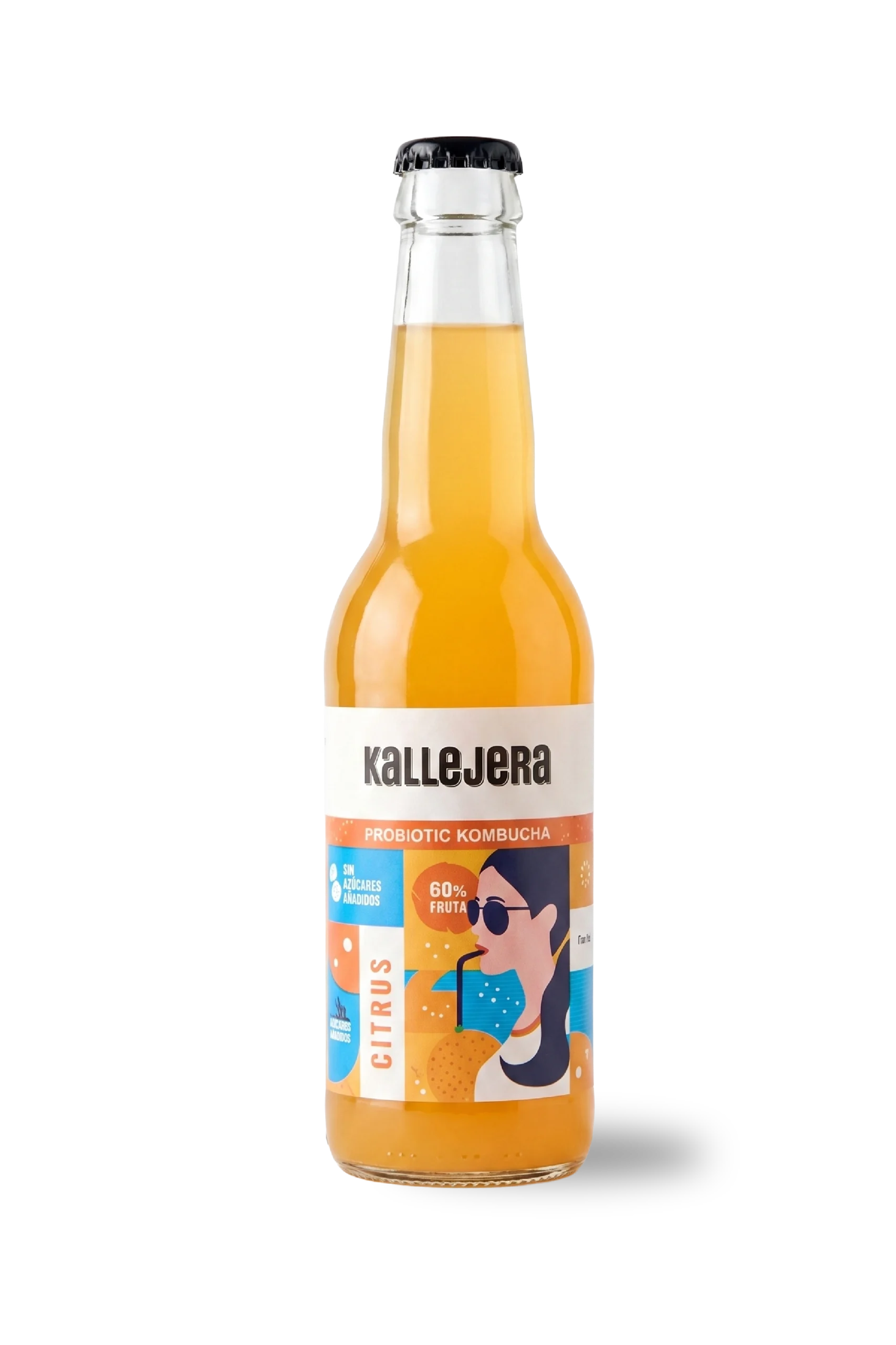 Botella de kombucha probiótica Kallejera de sabor cítrico.