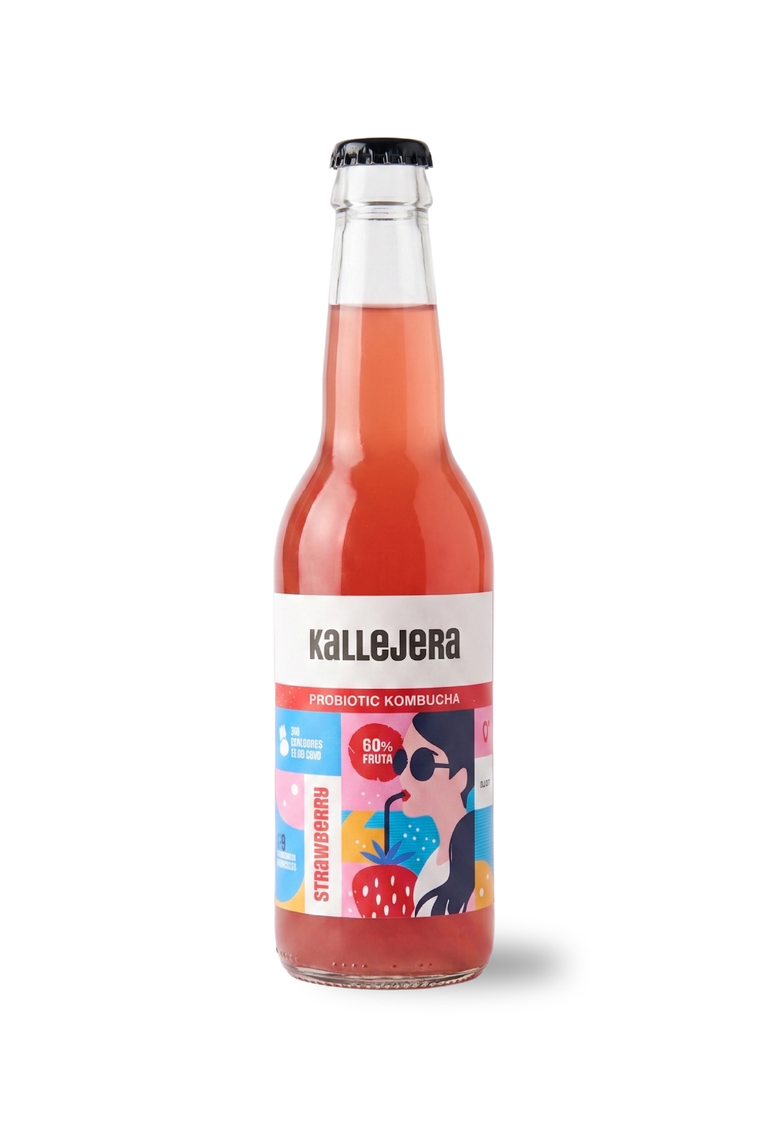 Botella de vidrio de kombucha de fresa marca Kallejera.
